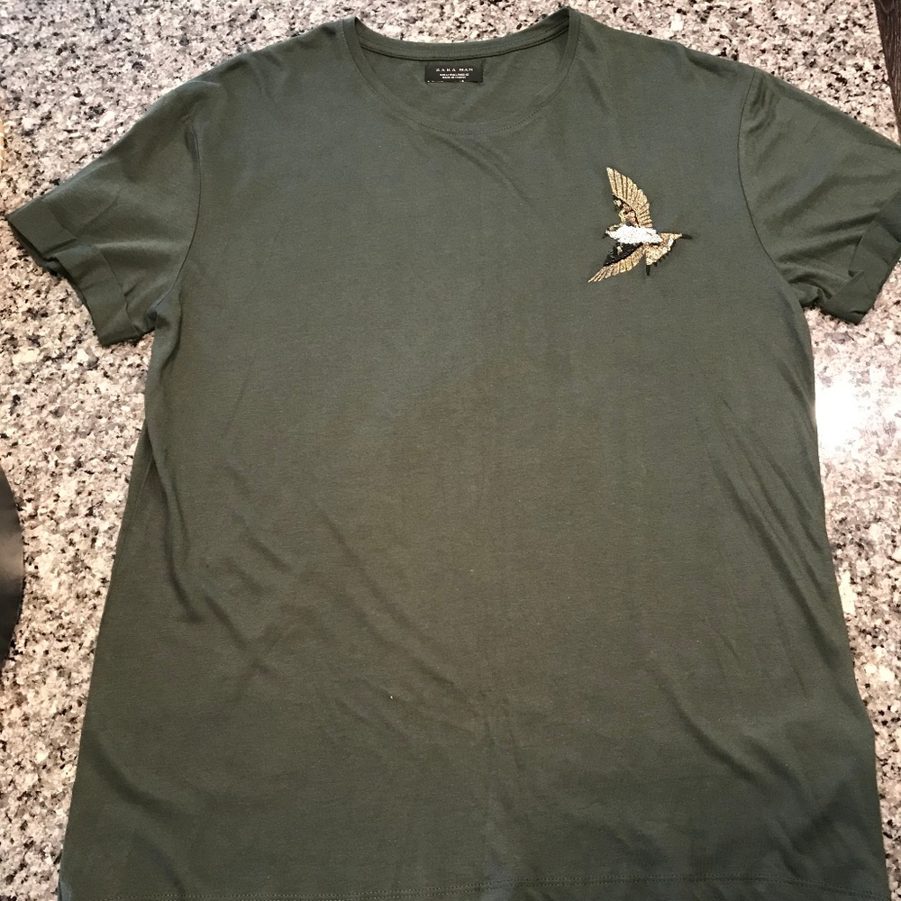 Green Zara T-shirt with Bird Embroidery